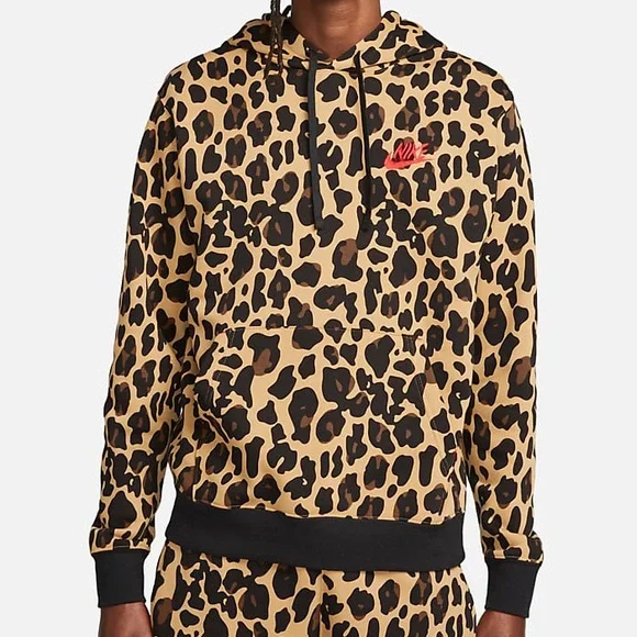 SOLD | Nike Men’s Sportswear Club Fleece Leopard Print Brown Pullover Hoodie XL - Picture 1 of 15